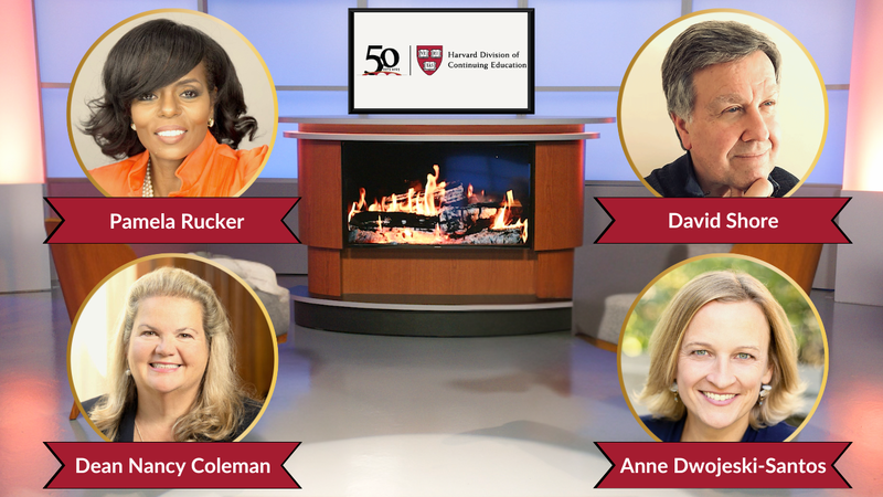 Decorative Image with four circular photos, one of Pamela Rucker, one of Dean Nancy Coleman, one of David Shore, and one of Anne Dwojeski-Santos