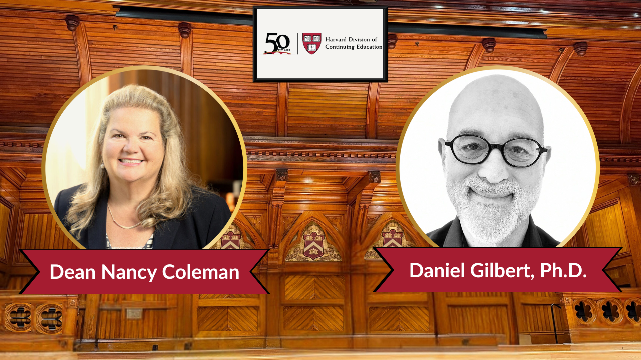 Decorative Image with two circular photos, one of Dean Nancy Coleman and one of Daniel Gilbert.