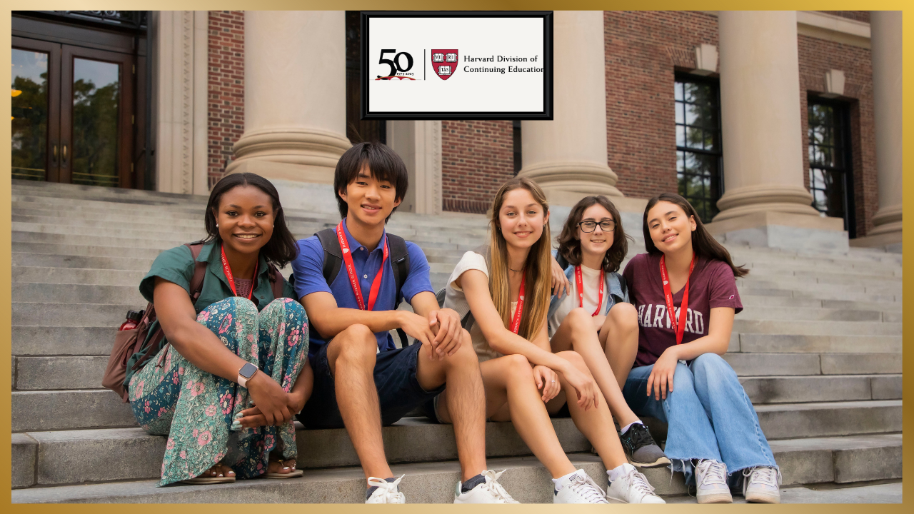 A group of Harvard Summer School students sit on steps.